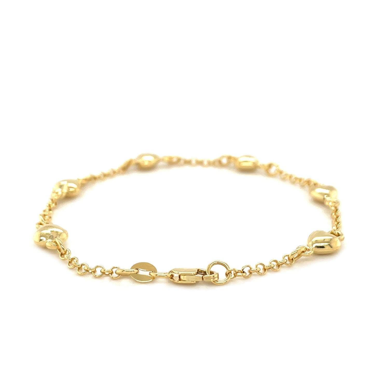 14k Yellow Gold Rolo Chain Bracelet with Puffed Heart Stations (3.30 mm) - Peelerie